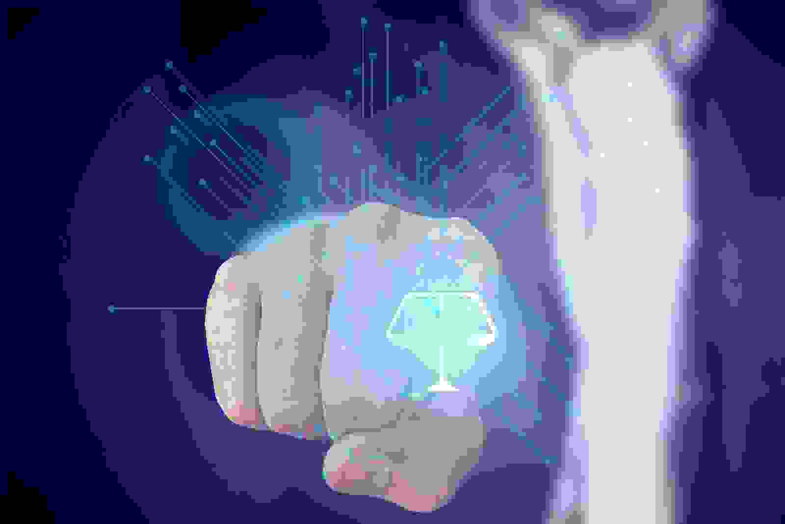 Symbolbild: Hand zeigt mit Zeigfinger auf Bildbetrachter im Hindergrund, im Vordergrund Waagesymbol und feine Linien mit Punkten.