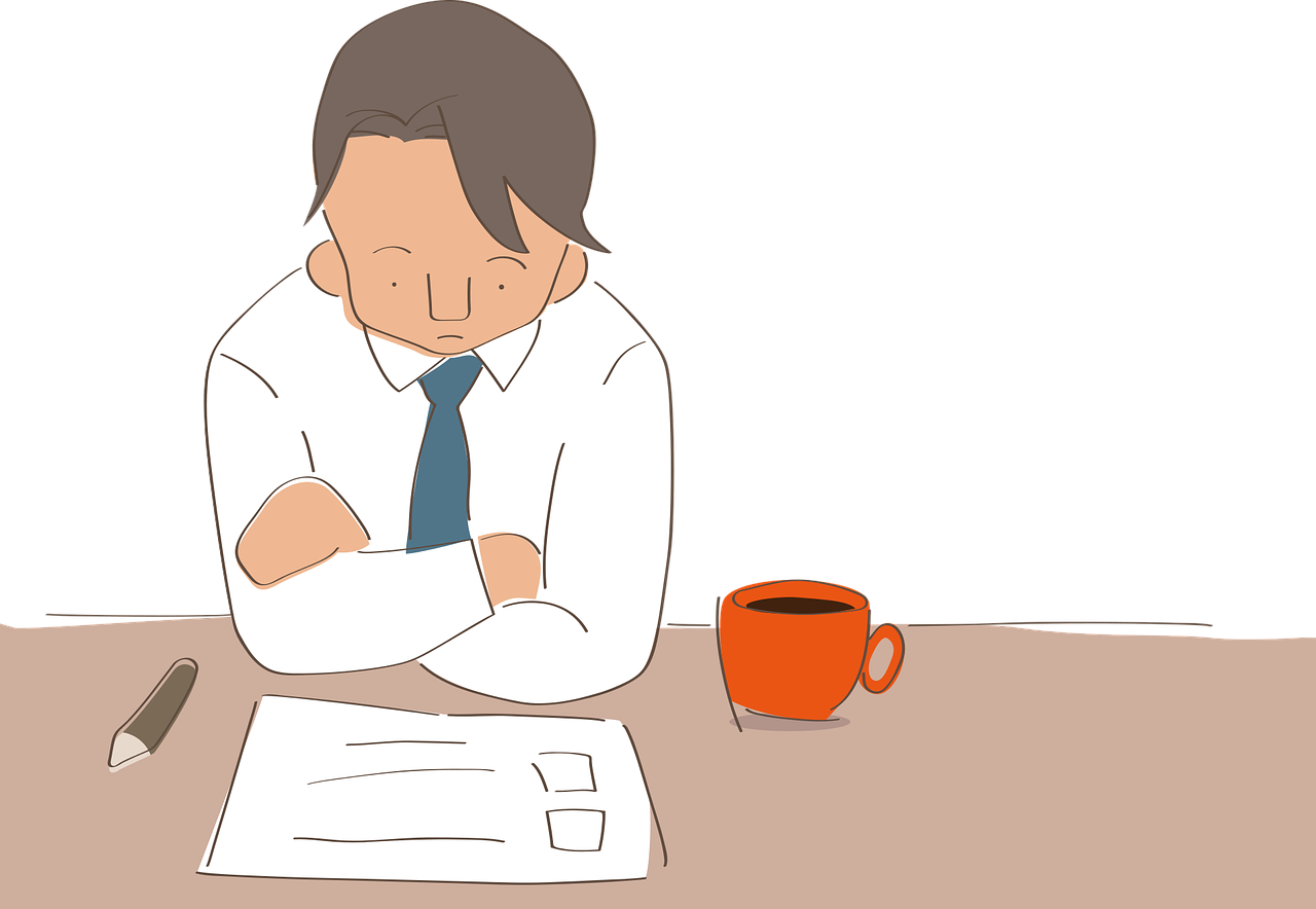 Symbolbild: Illustration eines Mannes am Tisch mit Dokument und Kaffetasse vor sich.