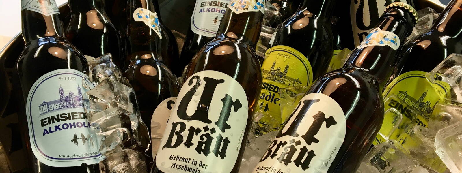 Bierflaschen in einem Kühler mit Eis.