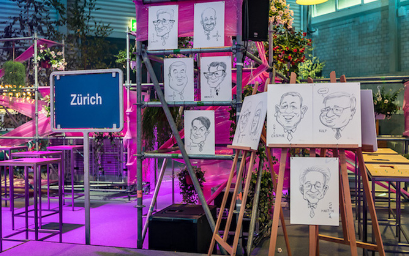 Mitarbeiterfest 25-Jahr-Jubiläum Swica Karikaturen am "Strassenfest".