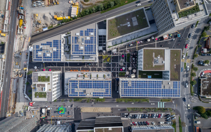 Eröffnungsfest Mikropole Mattenhof Drohnenaufnahme des Mattenhof-Quartiers