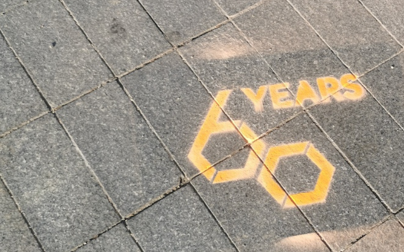 60 Jahre JubilÀum - Senn Chemicals Anniversary logo sprayed onto the floor with chalk spray.