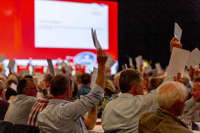 Emmi GV AktionÀre und AktionÀrinnen beim einer Abstimmung an der GV der Emmi AG.